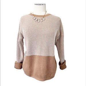 MAX STUDIO Striped Knit Colorblock Crewneck Long Sleeve Brown Tan Cream Sz M